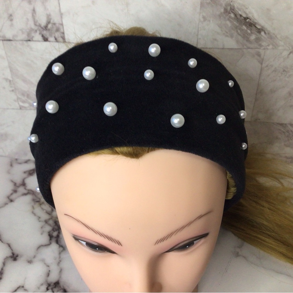 Pearl studded headband, black faux suede and white Pearl turban headband